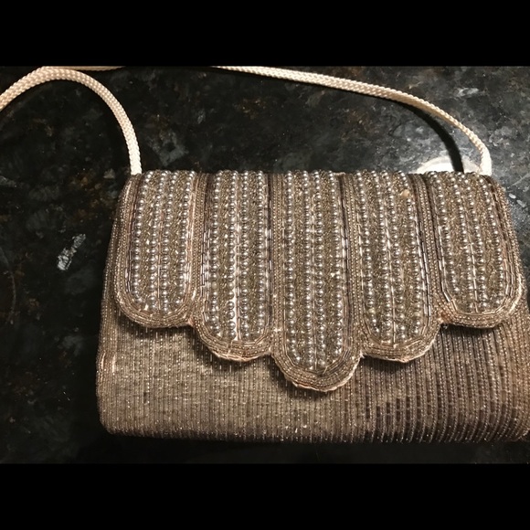Silver Beaded Dress Clutch with Strap - Picture 3 of 3